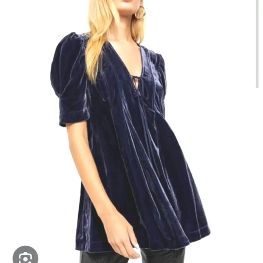 Free People Adelle Velvet Dress Indigo Lost Blue Shory Sleeve Size‎ Medium